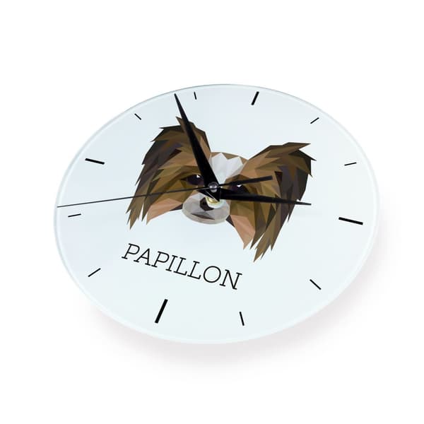 Papillon, Continental Spaniel - geometrisk väggklocka med ett foto och en inskription från varumärket Art-Dog
