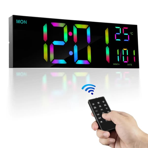 Stort Digitalt Vægur, Dobbelt Alarm, 8 RGB Farver,15Bx44H