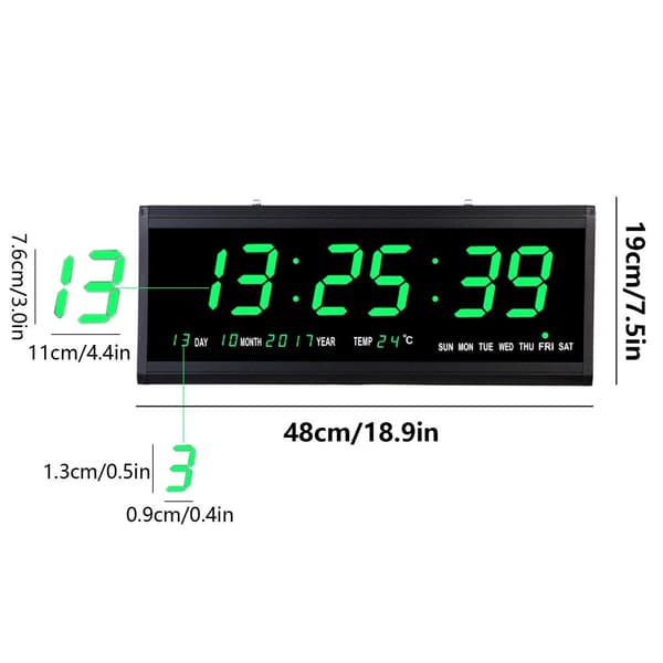 LED Digital Väggklocka, Kalender och Temperaturvisning, Energisnål 480 x 190 mm,grön