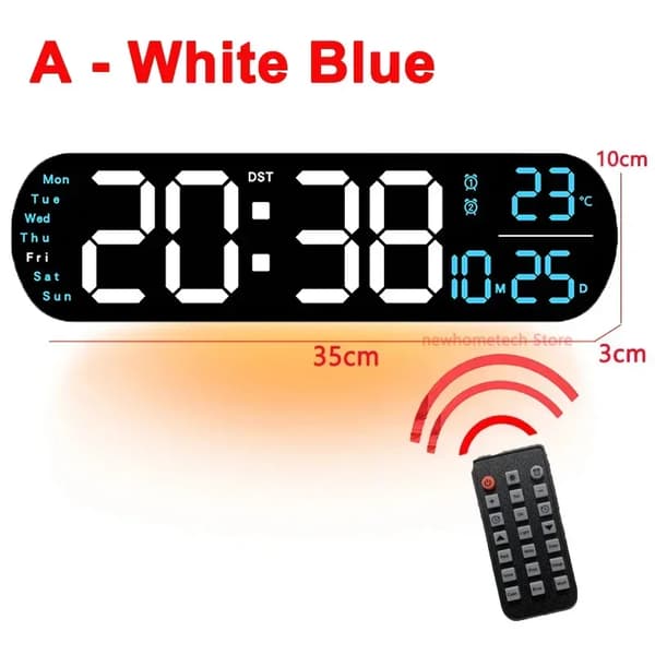 Digital vægurs, LED-display, dual alarm, USB-drevet,A-Hvid blå