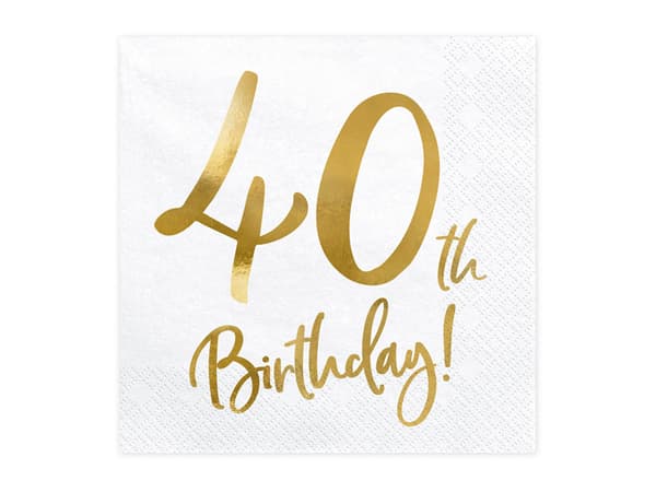 Servetter 40-årsdag, vita, 33x33cm (1 ask / 12 förpackningar) (1 förpackning / 20 st.)