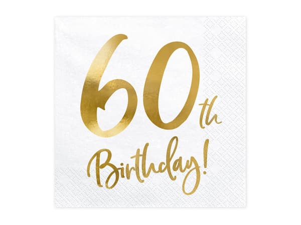 Servetter 60-årsdag, vita, 33x33cm (1 ask / 12 förpackningar) (1 förpackning / 20 st.)