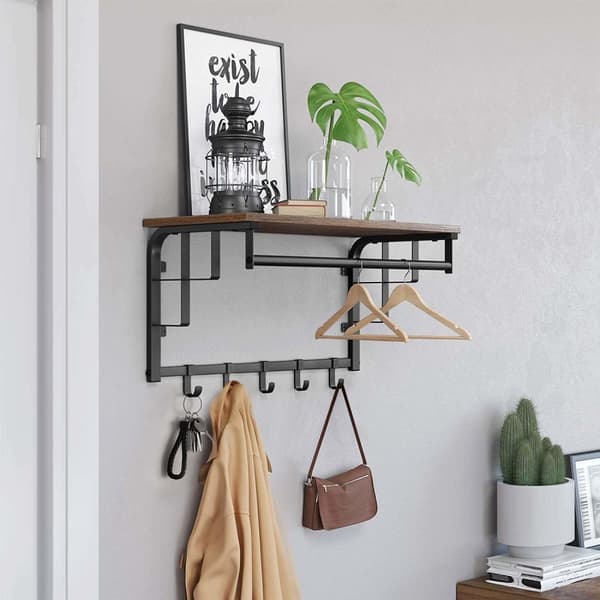 Seinäteline 5 koukulla ja hyllyllä teollinen muotoilu - vintage musta ruskea