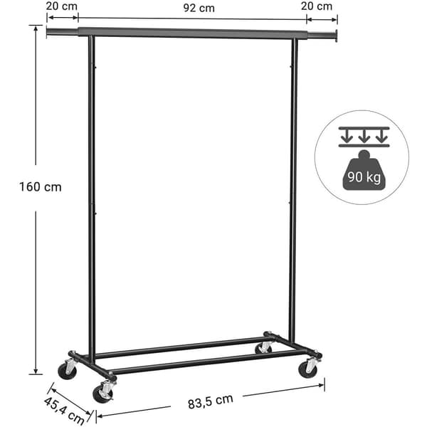 Pyörillä oleva vaateteline - 92-132x45,4x160cm - 90 kg asti - musta