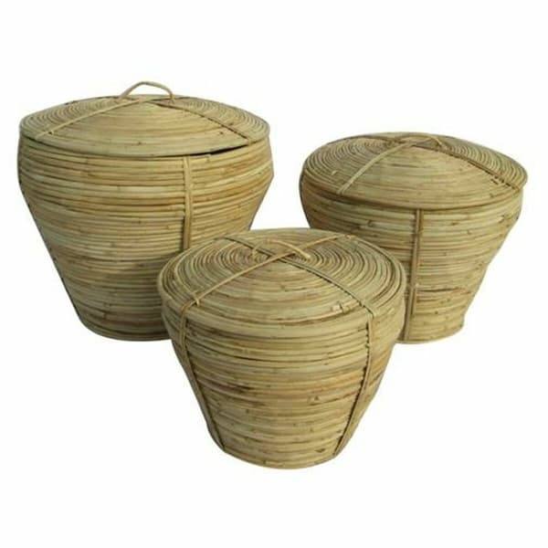 Multifunktionell korg DKD Home Decor Naturell Tropiskt 35 x 35 x 30 cm 35 x 35 x 34 cm 37 x 37 x 34,5 cm Med lock 3 Delar