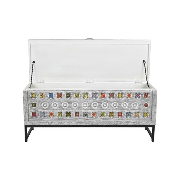 Koffert DKD Home Decor Keramik Grå Vit Mangoträ (116 x 40 x 50 cm)