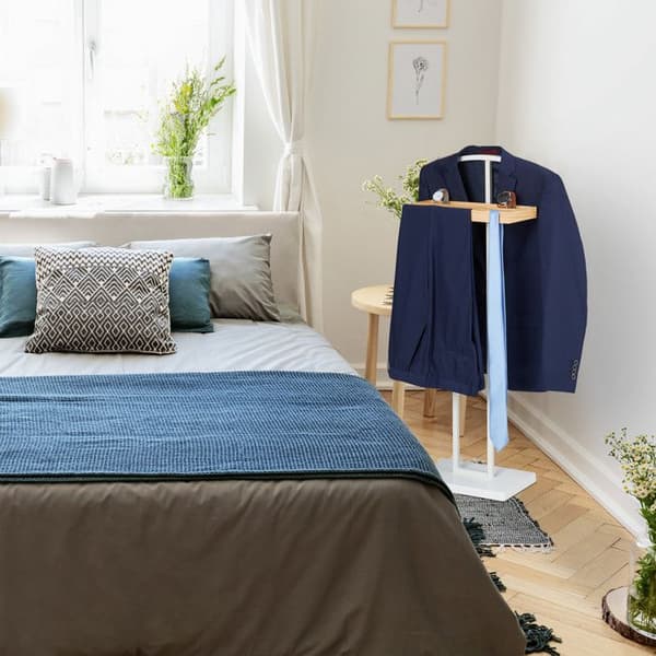 Relaxdays Valet de chambre, Natt, stöd i trä, stående, kostymer utan veck, MDF och metall, HlP 102 x 46 x 24cm, vit