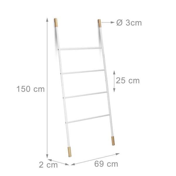 Relaxdays Handdukshållare stege vit Klädhängare trappa Klädhängare 4 stänger bambu metall HxlxB: 150x70x2cm, vit