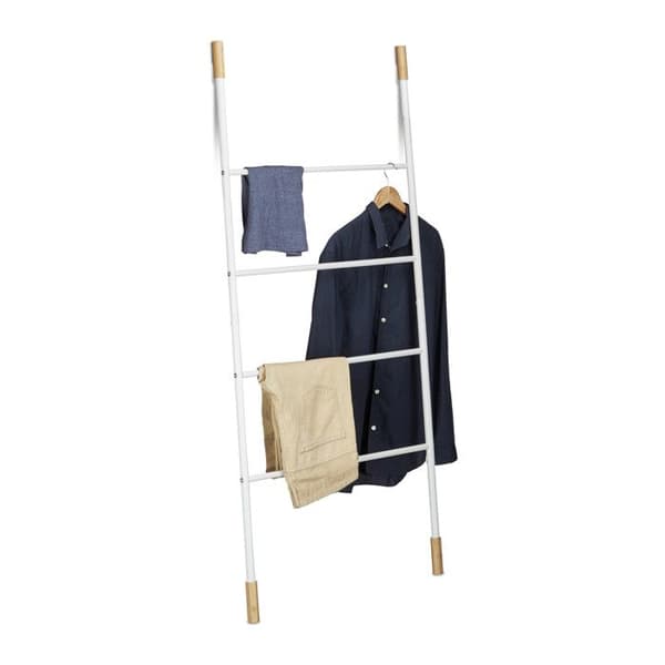 Relaxdays Handdukshållare stege vit Klädhängare trappa Klädhängare 4 stänger bambu metall HxlxB: 150x70x2cm, vit