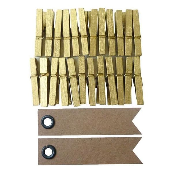 24 mini gyllene klädnypor + 20 st kraftetiketter