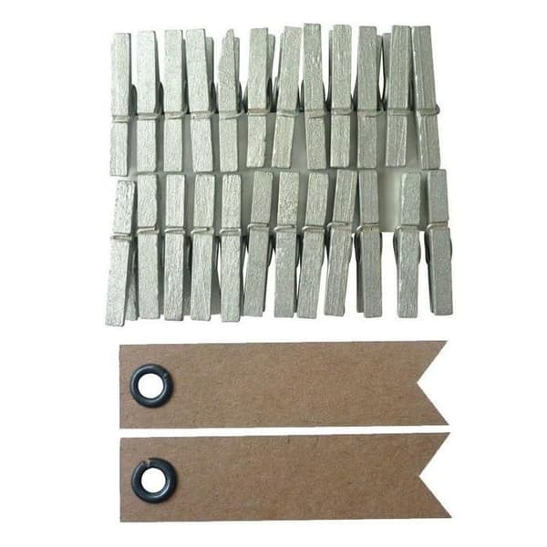 24 mini silver klädnypor + 20 vimpel kraftetiketter