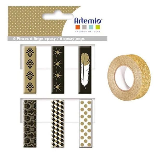 6 guld-svart-vita epoxiklädnypor + gyllene glitter maskeringstejp 5 m