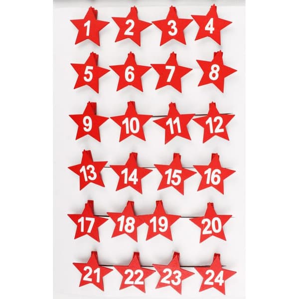 Numrerade klädnypor med röd stjärna 4,5 cm x 24 st - MegaCrea DIY {color}