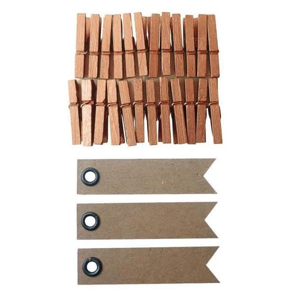 Mini träklädnypor 3 cm koppar + 20 st kraftetiketter