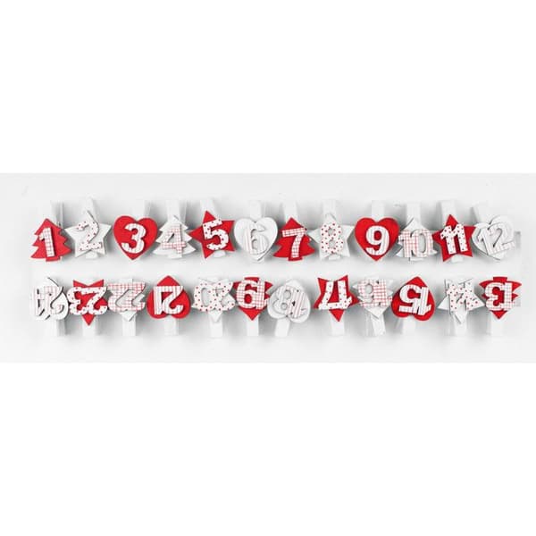 Klädnypor Jul vit, röd numrerade 3,5 cm x 24 st - MegaCrea DIY {färg}