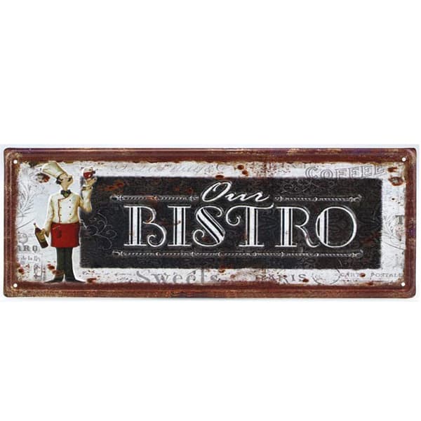 Snygga retro skylt i metall med text Our Bistro