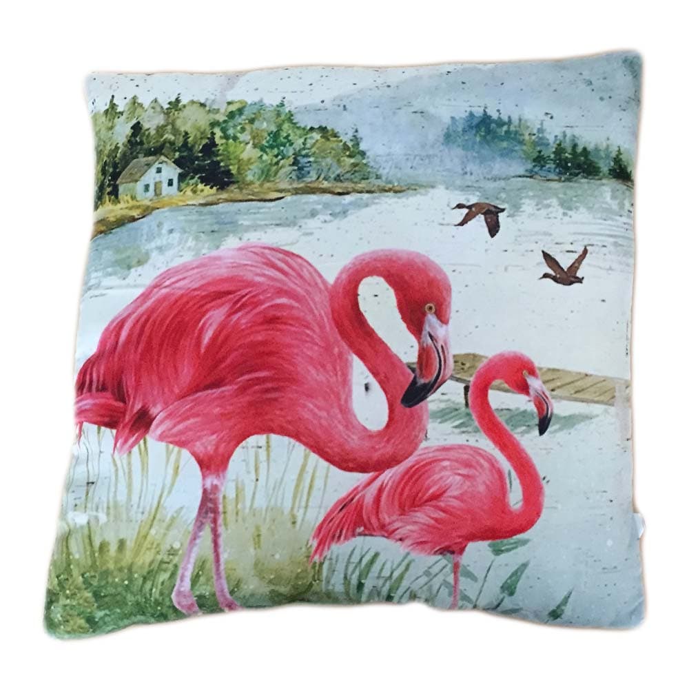 Trendig kudde med Flamingo motiv 2 flamingos i landskap