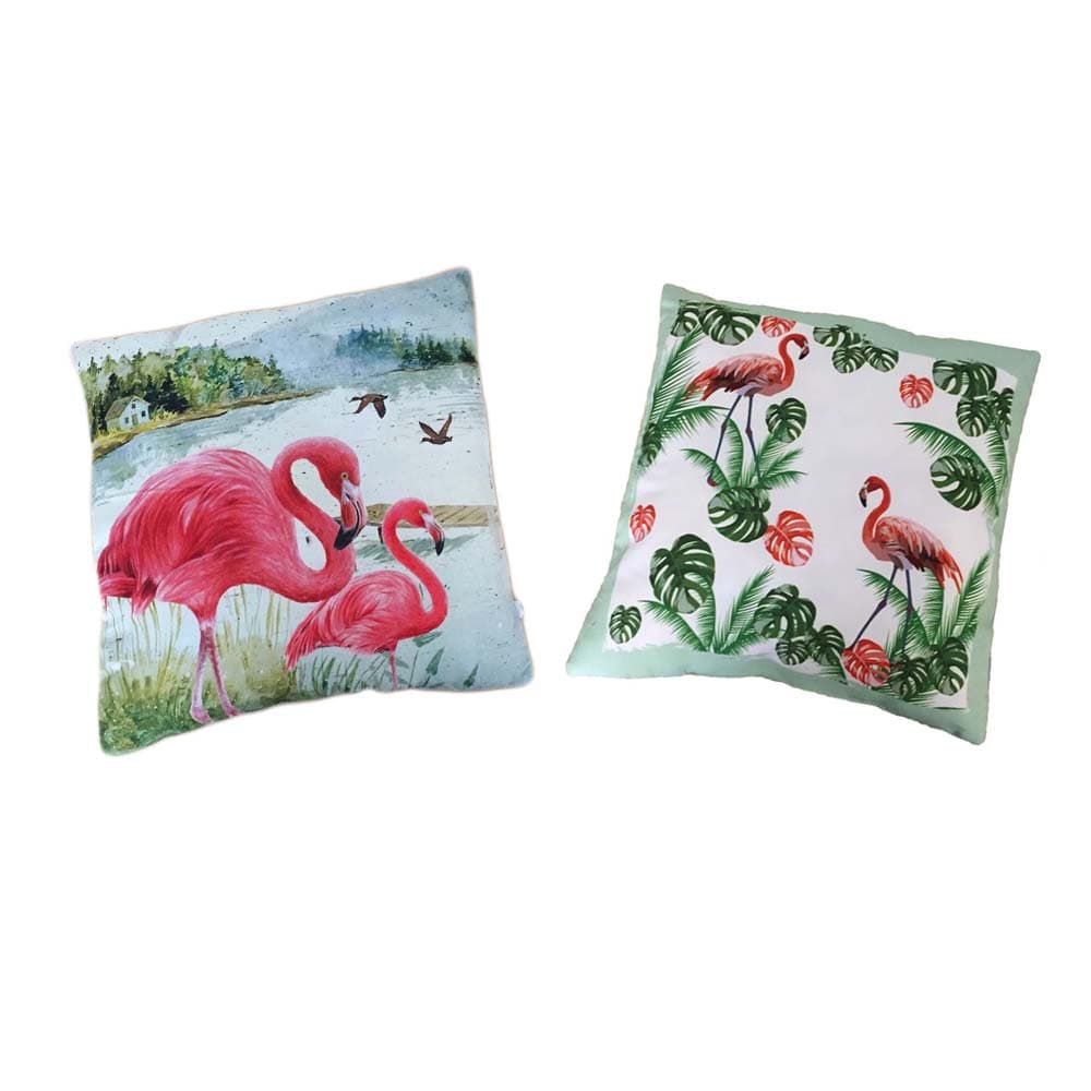 Ett set med två trendiga prydnadskuddar med Flamingo motiv