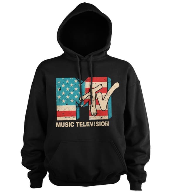 MTV Distressed USA-Flag Hoodie Black Large