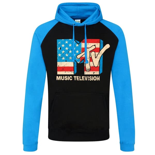 MTV Distressed USA-Flag Baseball Hoodie Small