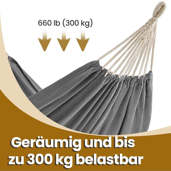 Riippumatto, 210 x 150 cm, kantavuus enintään 300 kg.
