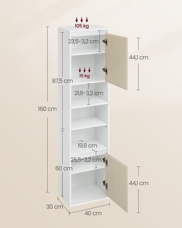 Ripustettava kylpyhuonekaappi, jossa on 7 lokeroa 30 x 40 x 160 cm 30 x 40 x 160 cm