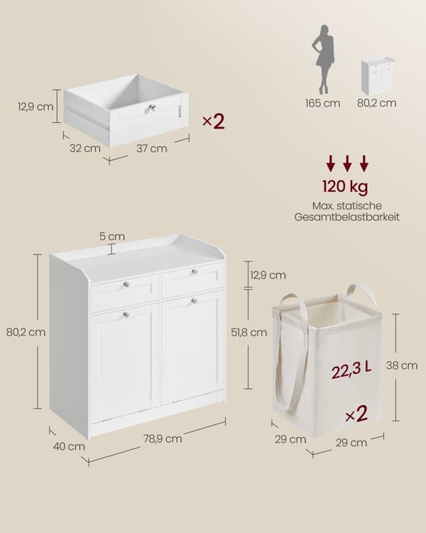 Kylpyhuonekaappi pyykkikorilla, kylpyhuoneen säilytysyksikkö, jossa on 2 laatikkoa ja 2 pyykkikoria, irrotettavat pyykkikorit kahvoilla, 40 x 78,9 x