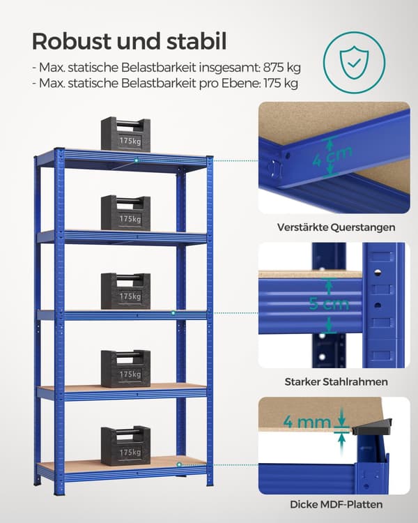 5-trins reol, stålreol til opbevaring, værktøjsfri montering, til garage, skur, belastningskapacitet 875 kg, 40 x 90 x 180 cm, blå GLR040Q01