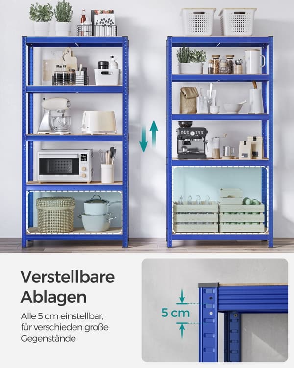 5-trins reol, stålreol til opbevaring, værktøjsfri montering, til garage, skur, belastningskapacitet 875 kg, 40 x 90 x 180 cm, blå GLR040Q01