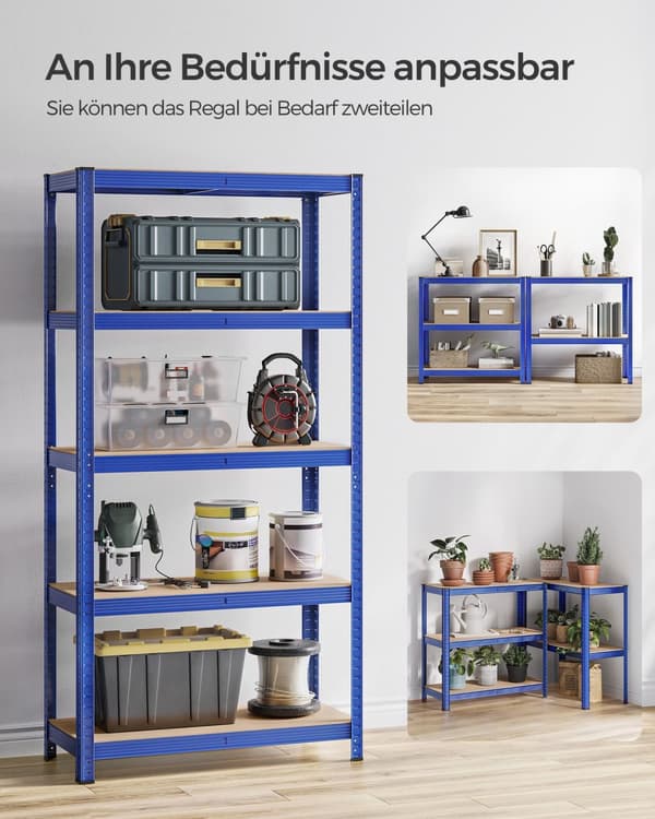 5-trins reol, stålreol til opbevaring, værktøjsfri montering, til garage, skur, belastningskapacitet 875 kg, 40 x 90 x 180 cm, blå GLR040Q01