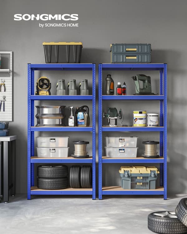 5-trins reol, stålreol til opbevaring, værktøjsfri montering, til garage, skur, belastningskapacitet 875 kg, 40 x 90 x 180 cm, blå GLR040Q01