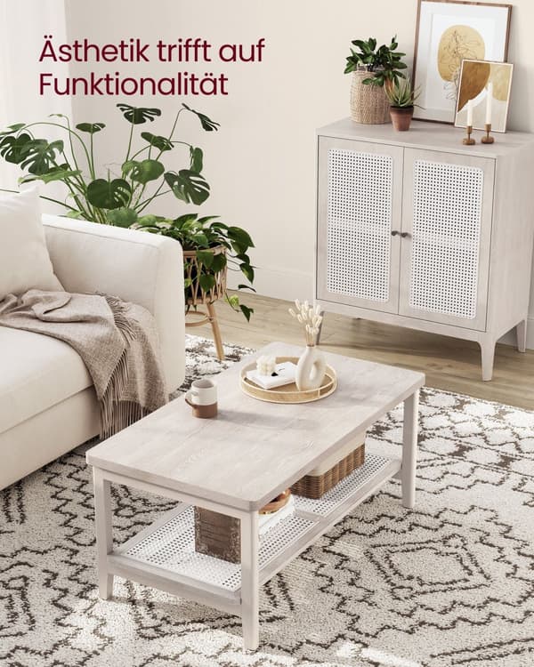 LCT240K66 2-tasoinen olohuoneen pöytä, jossa säilytystilaa pöytä olohuoneen sohvapöytä PVC rottinki hylly pyöristetyt kulmat Boho kaura beige