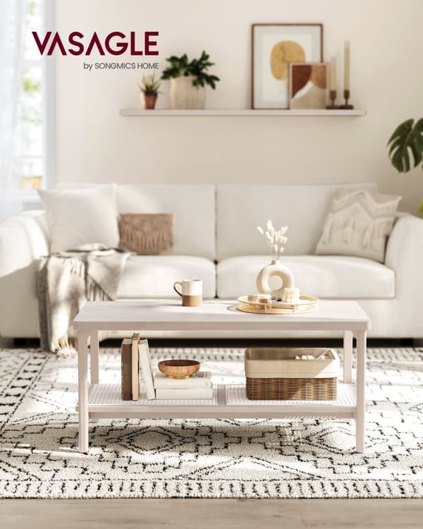 LCT240K66 2-tasoinen olohuoneen pöytä, jossa säilytystilaa pöytä olohuoneen sohvapöytä PVC rottinki hylly pyöristetyt kulmat Boho kaura beige
