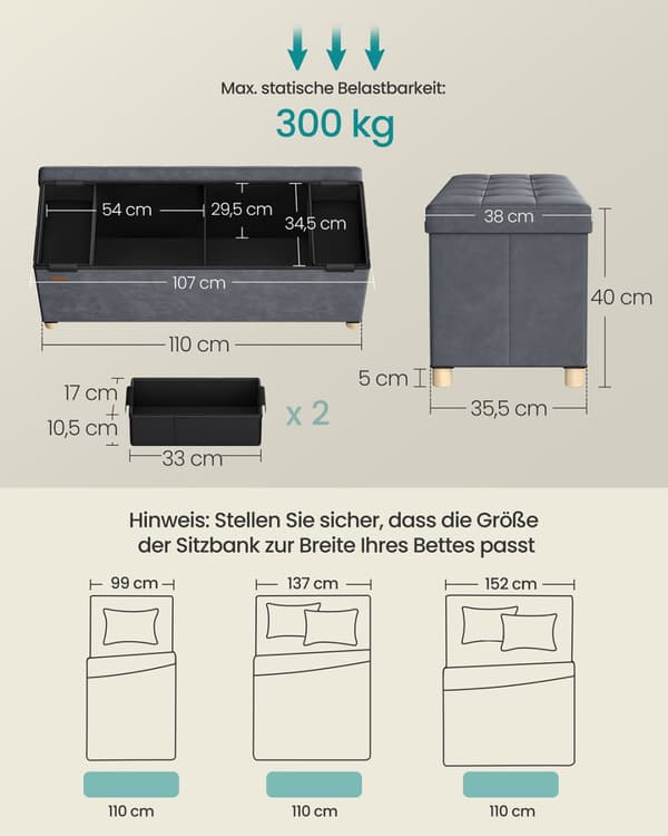 Bänk med förvaringsutrymme 38 x 110 x 40 cm Fotpall 112 L skiffergrå