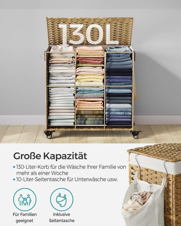 Pyykkikori, käsinkudottu pyykkikori, 140L rottinki-tyylinen pesukori, jossa on 3 lokeroa, irrotettava vuori, kahvat, kansi, olohuone, kylpyhuone, 66