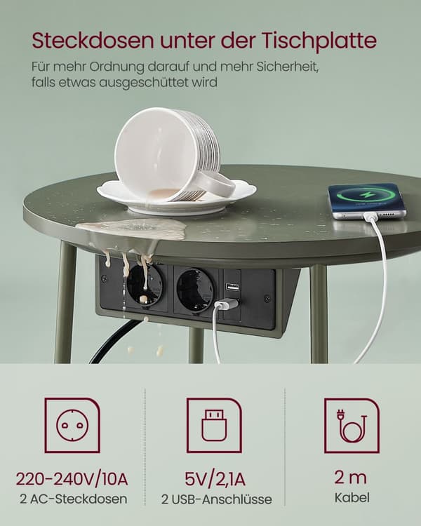 Sidebord rundt med ladestation, lille bord med stikkontakt, sofabord, USB-tilslutninger, stofkurv, stue-soveværelse, sengebord moderne, skovgrøn-crem