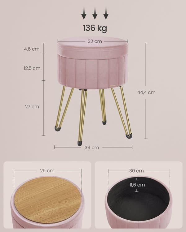Pall med förvaringsutrymme och 4 metallben pastellrosa