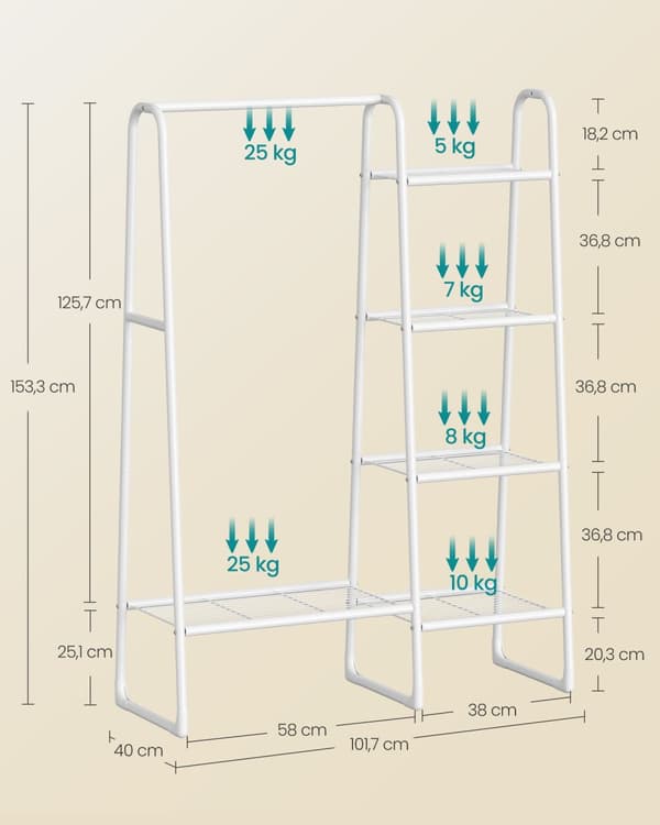 Klädhängare med 5 hyllplan och stålram molnvit