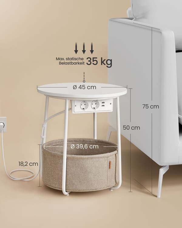 Lille rundt sofabord, sidebord med stofkurv og strømstik, opbevaring, til stue, soveværelse, sengebord, moderne stil, mat hvid og camelbrun LET228W02
