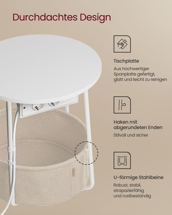 Lille rundt sofabord, sidebord med stofkurv og strømstik, opbevaring, til stue, soveværelse, sengebord, moderne stil, mat hvid og camelbrun LET228W02