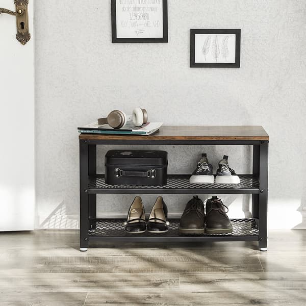 Skobänk, skoställ med 2 hyllor, skoorganisator, 73 x 30 x 45 cm, entré vardagsrum hall, stålkonstruktion, industriell stil, rustik brun och svart LBS