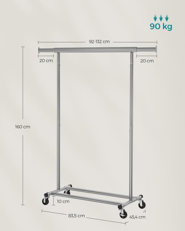 Klädhängare på hjul, belastningsbar upp till 90 kg dove grey
