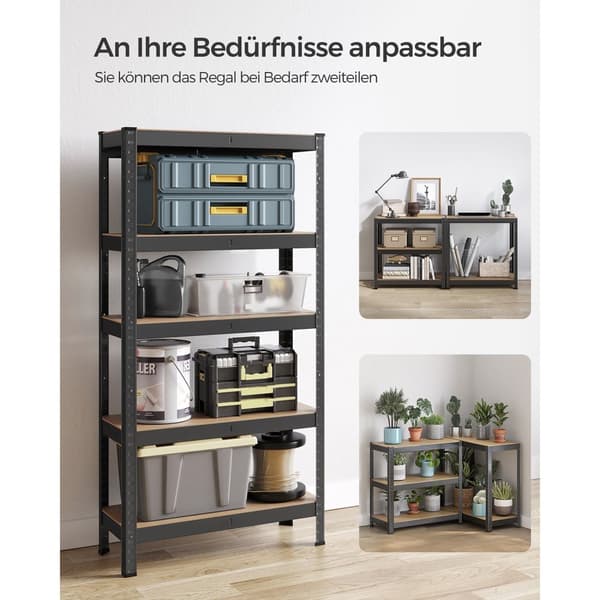 5-facks stålhyllor Bultfri montering Garagehyllor 650kg lastkapacitet 30x75x150cm Svart GLR030B21