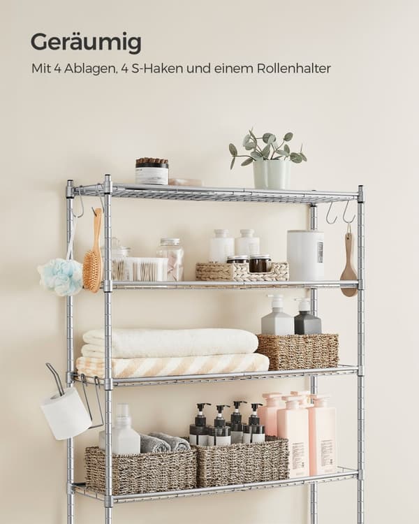 Opbevaring over toilettet i 4 niveauer, opbevaringsstativ i metal, justerbare hylder, 4 kroge, rulleholder, pladsbesparende opbevaringshylde til bade