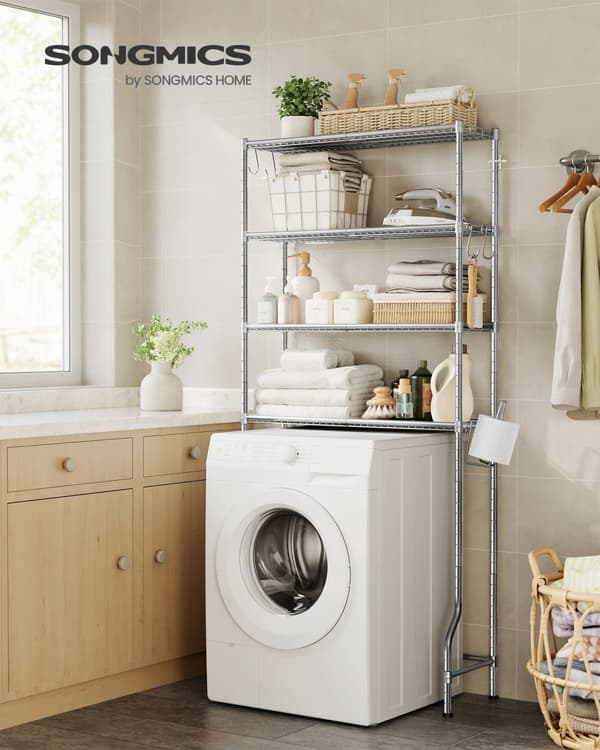 Opbevaring over toilettet i 4 niveauer, opbevaringsstativ i metal, justerbare hylder, 4 kroge, rulleholder, pladsbesparende opbevaringshylde til bade