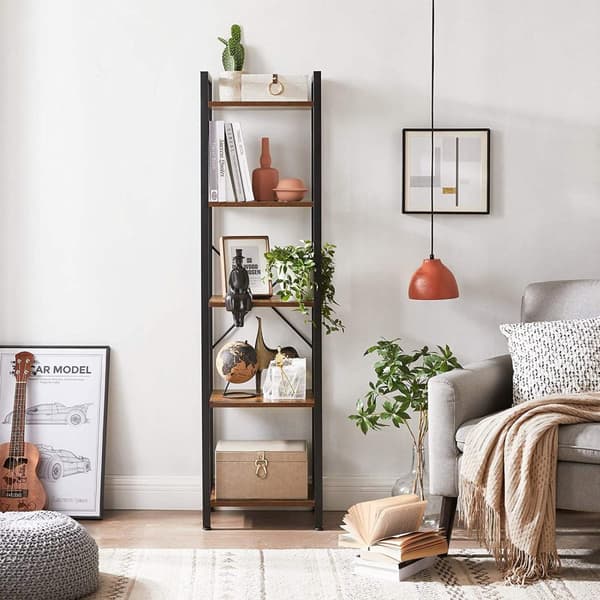 Bokhylla, bokhylla 5 nivåer, stående förvaringsställ med stålram, för vardagsrum, kontor, arbetsrum, hall, industriell stil, rustikt brunt och svart