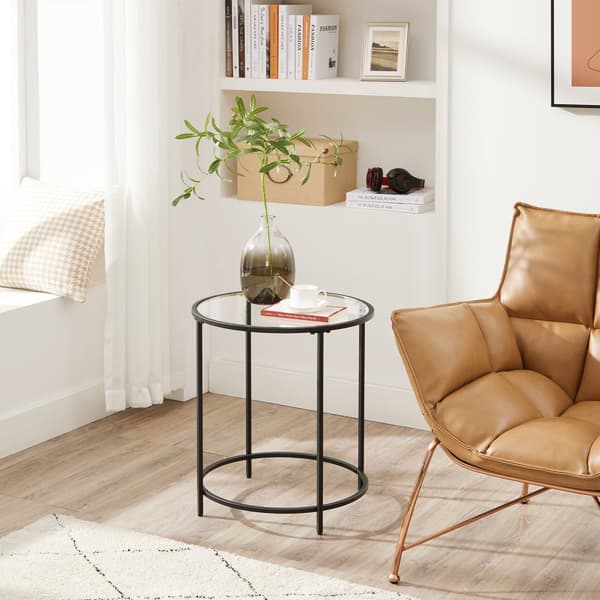 Runt sidobord, litet soffbord, gavelbord i härdat glas med stålram, sängbord, vardagsrum, balkong, svart LGT020B01