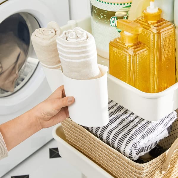 BSC067W01 3-etagers serveringsvogn Køkkenvogn med håndtag, 2 små hængende rum, 2 bremser, opbevaringsrum i plast, nem montering, soveværelse, vaskeru