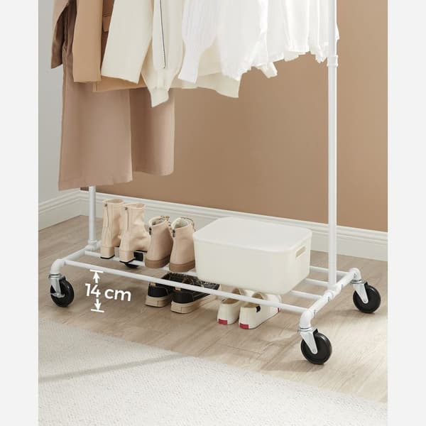 Klädstång, klädhängare på hjul, kraftig klädstång, klarar 90 kg, industriell design, klädställning med 1 hängstång och hylla, för sovrum tvättstuga,