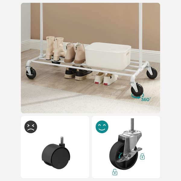 Klädstång, klädhängare på hjul, kraftig klädstång, klarar 90 kg, industriell design, klädställning med 1 hängstång och hylla, för sovrum tvättstuga,
